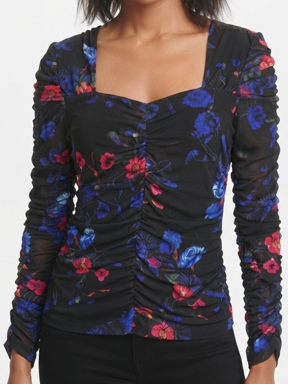 INC International Concept Black Floral Ruched Mesh Long Sleeve Blouse Size M